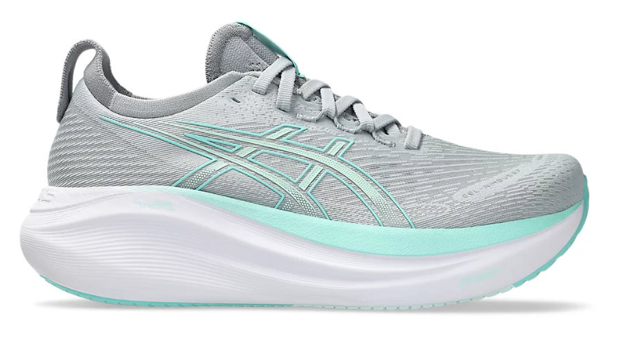 Tênis ASICS GEL Nimbus 27 - Feminino - Cinza e Verde com Branco 