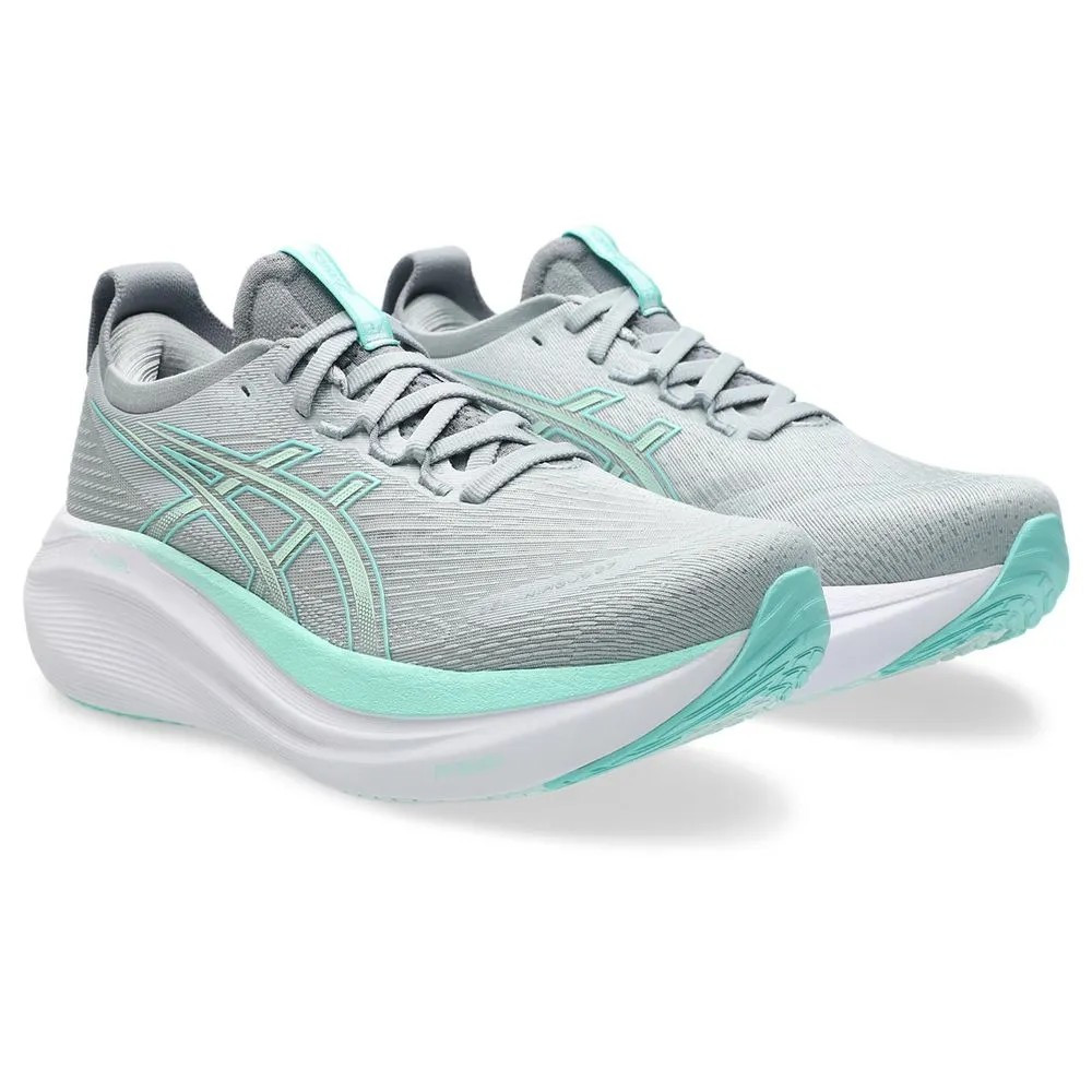 Tênis ASICS GEL Nimbus 27 - Feminino - Cinza e Verde com Branco